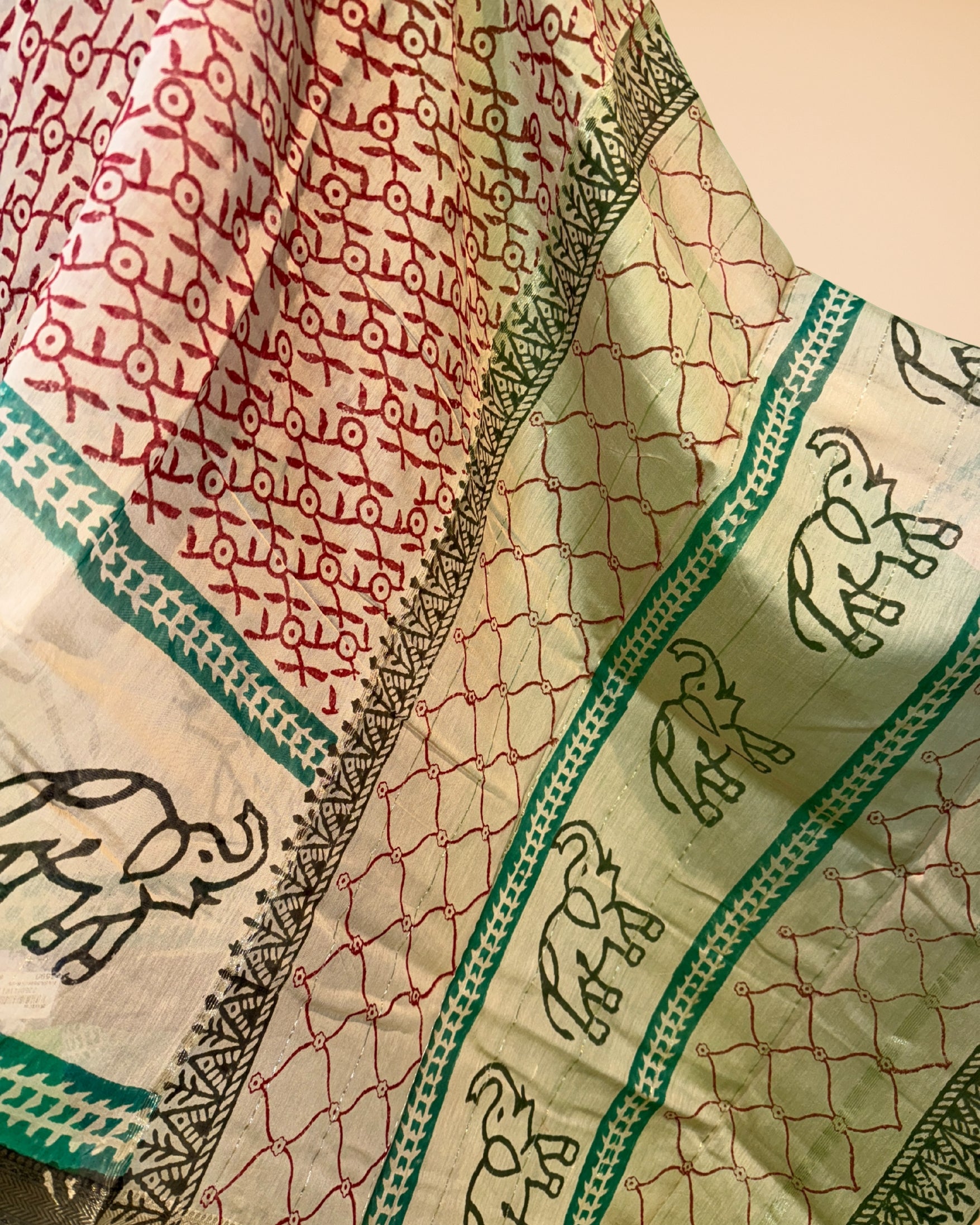 Beige Chanderi-Cotton Saree with Handblock Print
