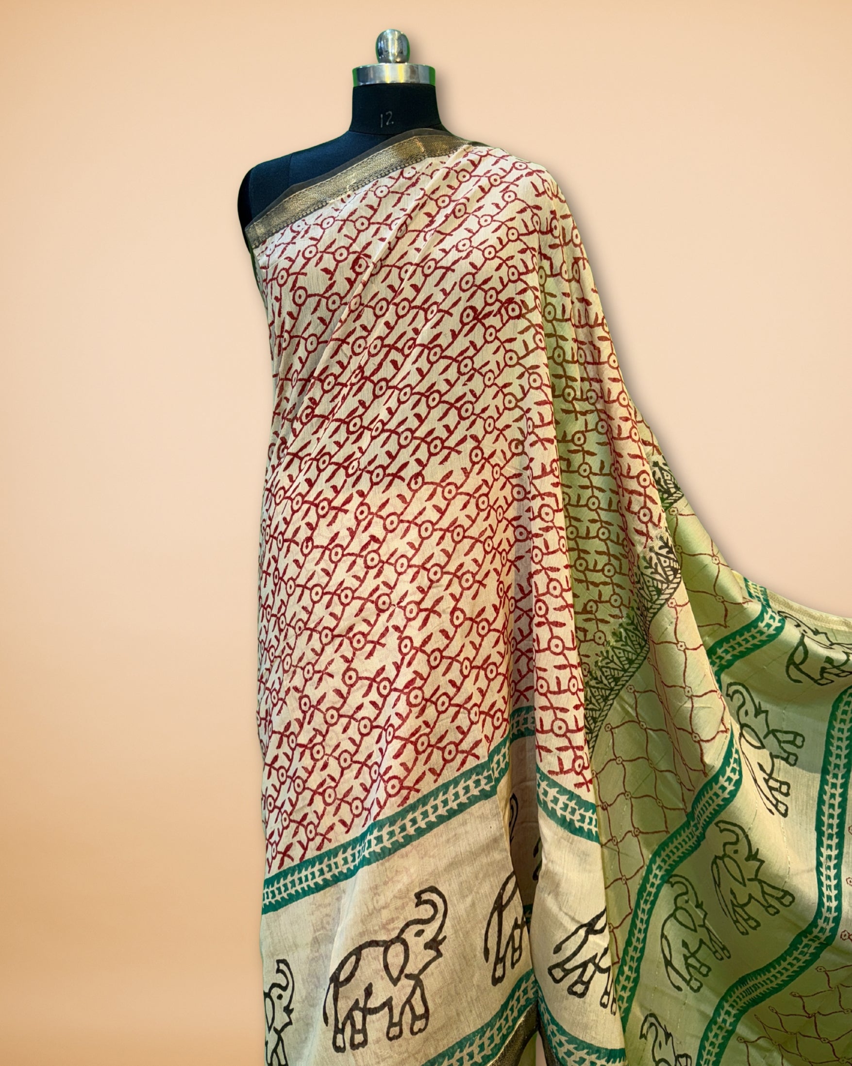 Beige Chanderi-Cotton Saree with Handblock Print