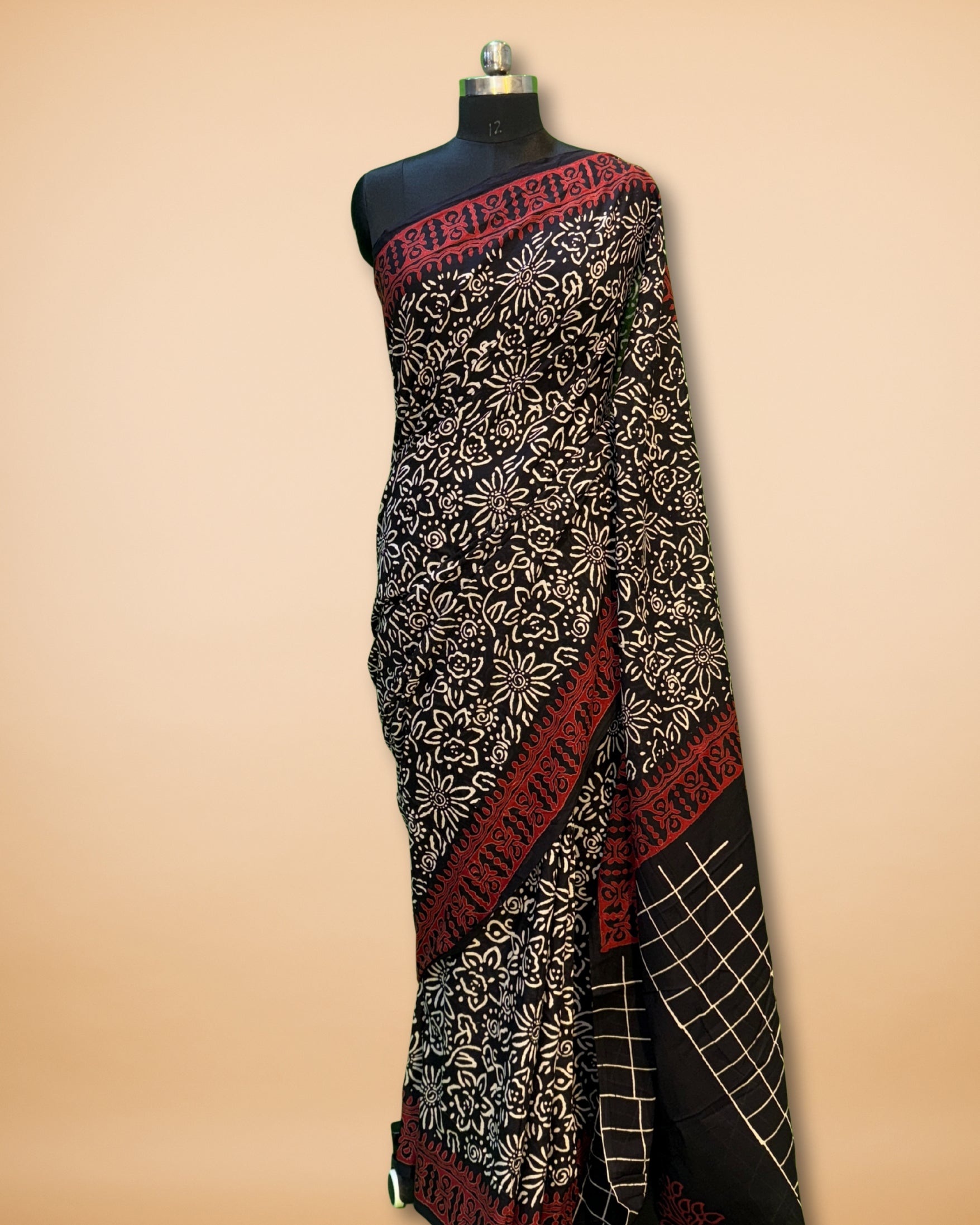 Black Cotton Saree with Allover Floral Print