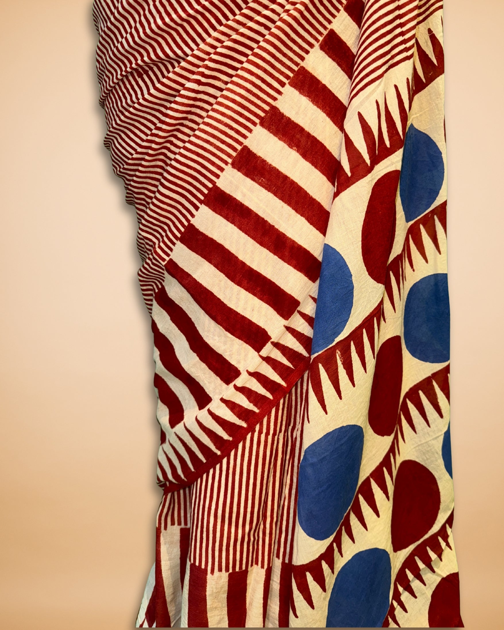 Red & Cream Muslin-Cotton Saree with Stripes and Dot Print Pallu