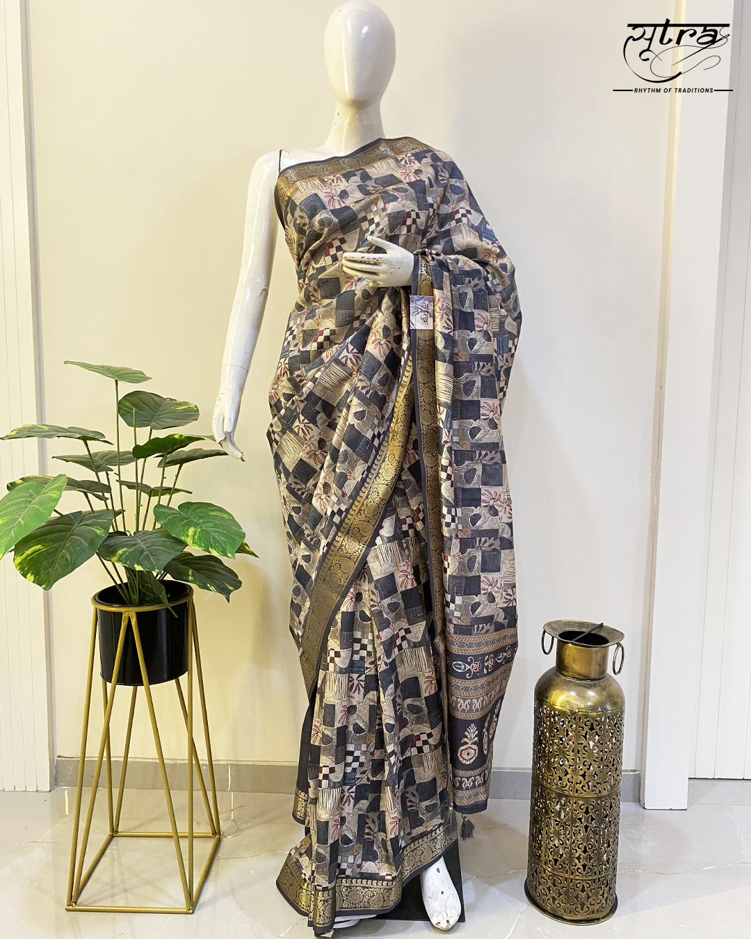 Butter Silk Digital  Print Grey Saree - Sutra Saree