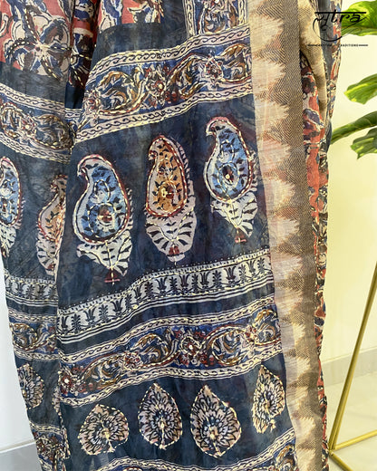 Cotton Katha Work Brown Red Saree - Sutra Saree