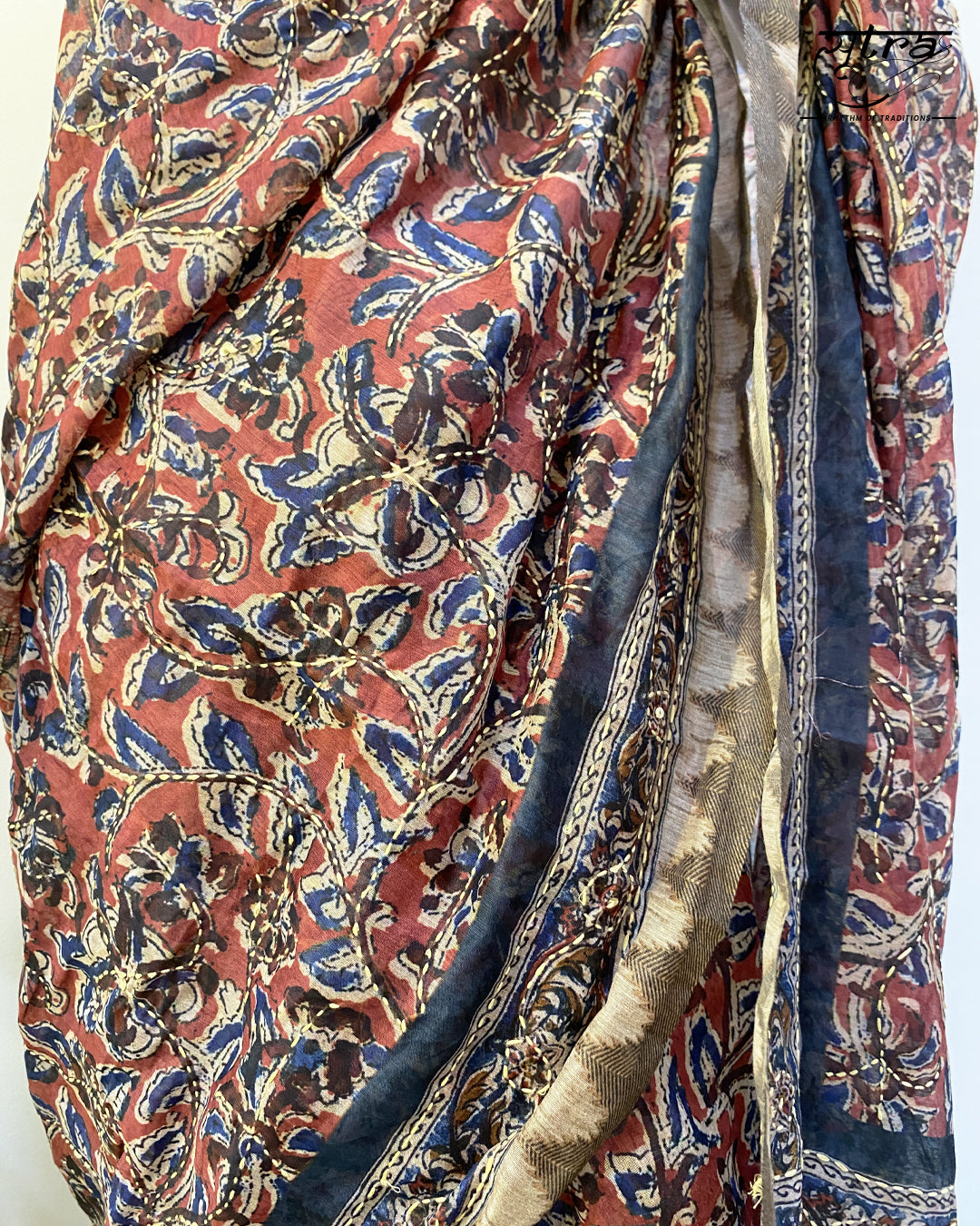 Cotton Katha Work Brown Red Saree - Sutra Saree