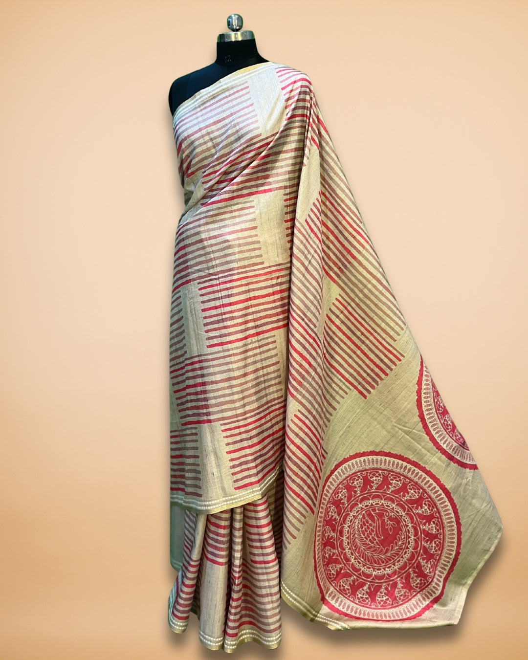 Pink Stripes Cotton-Silk Saree with Peacock Print Pallu