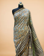Teal Blue Chanderi Silk Saree with Kalamkari Print & Zari Border