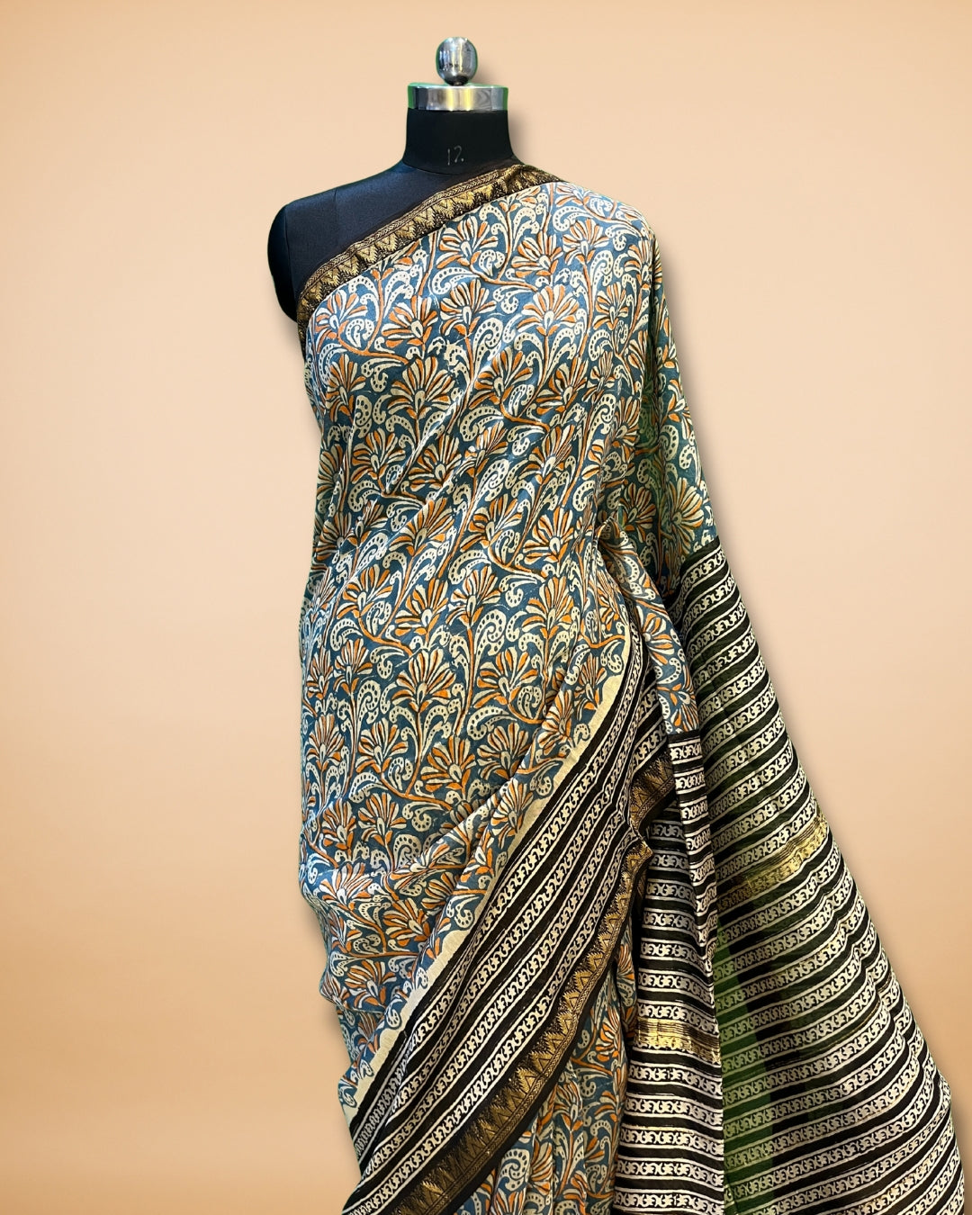 Teal Blue Chanderi Silk Saree with Kalamkari Print & Zari Border