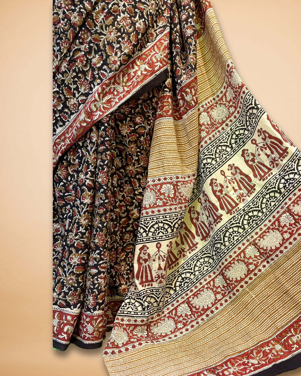Black Cotton Saree with Handblock Kalamkari Print