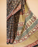Black Cotton Saree with Handblock Kalamkari Print