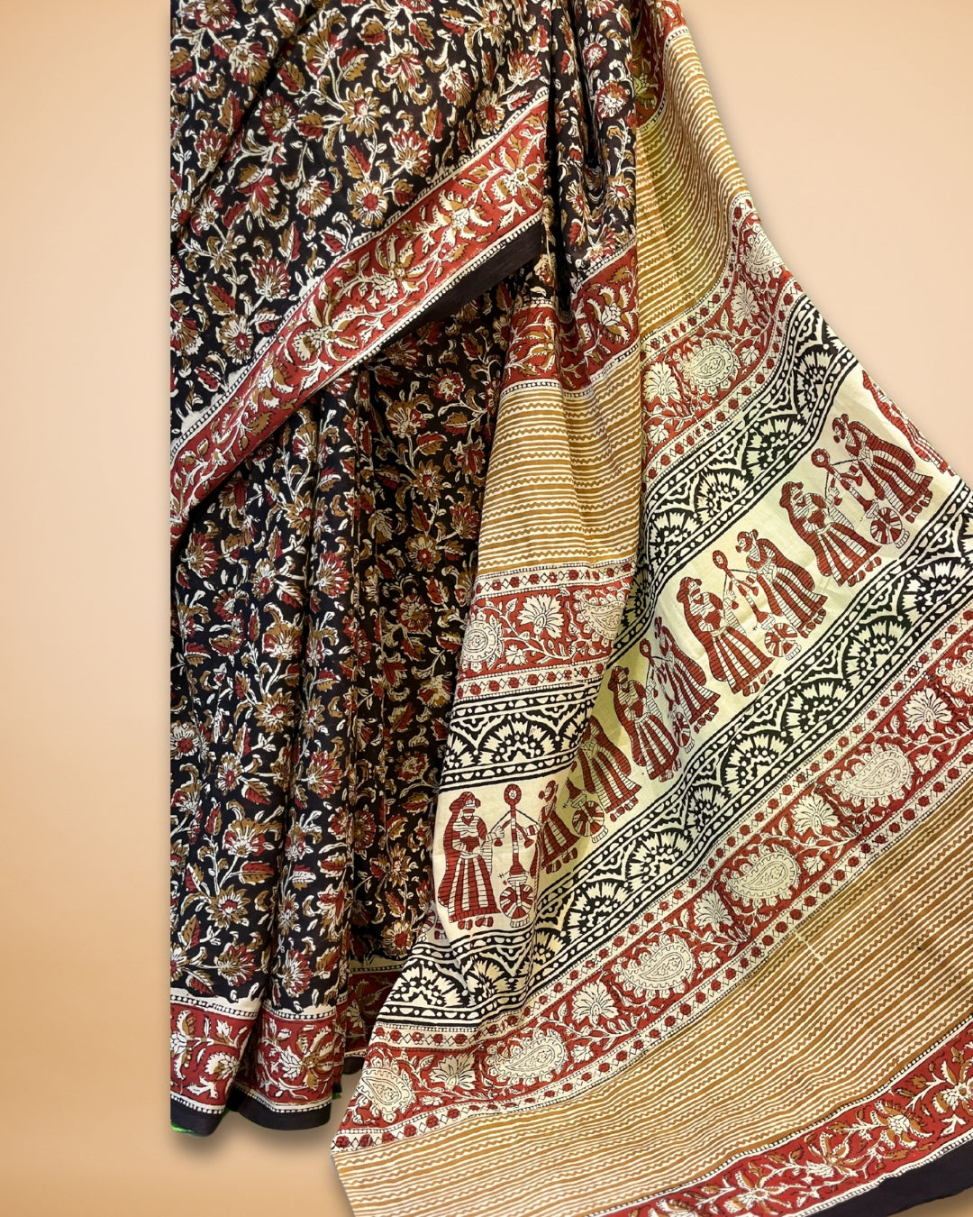Black Cotton Saree with Handblock Kalamkari Print