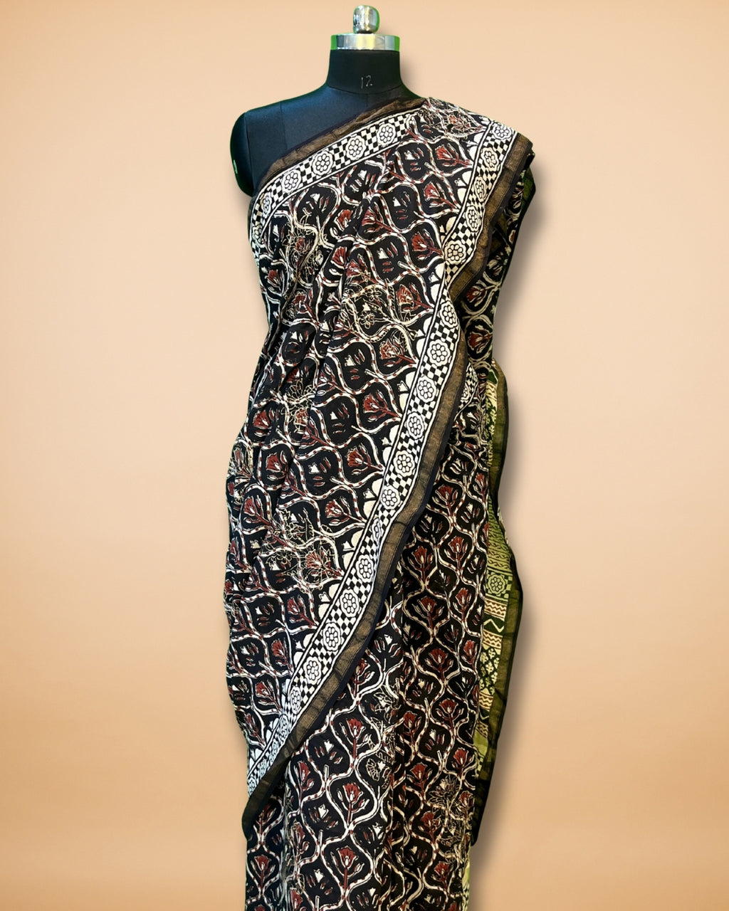 Black Muslin Saree with Handblock Print & Zari Border