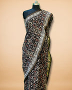 Black Muslin Saree with Handblock Print & Zari Border