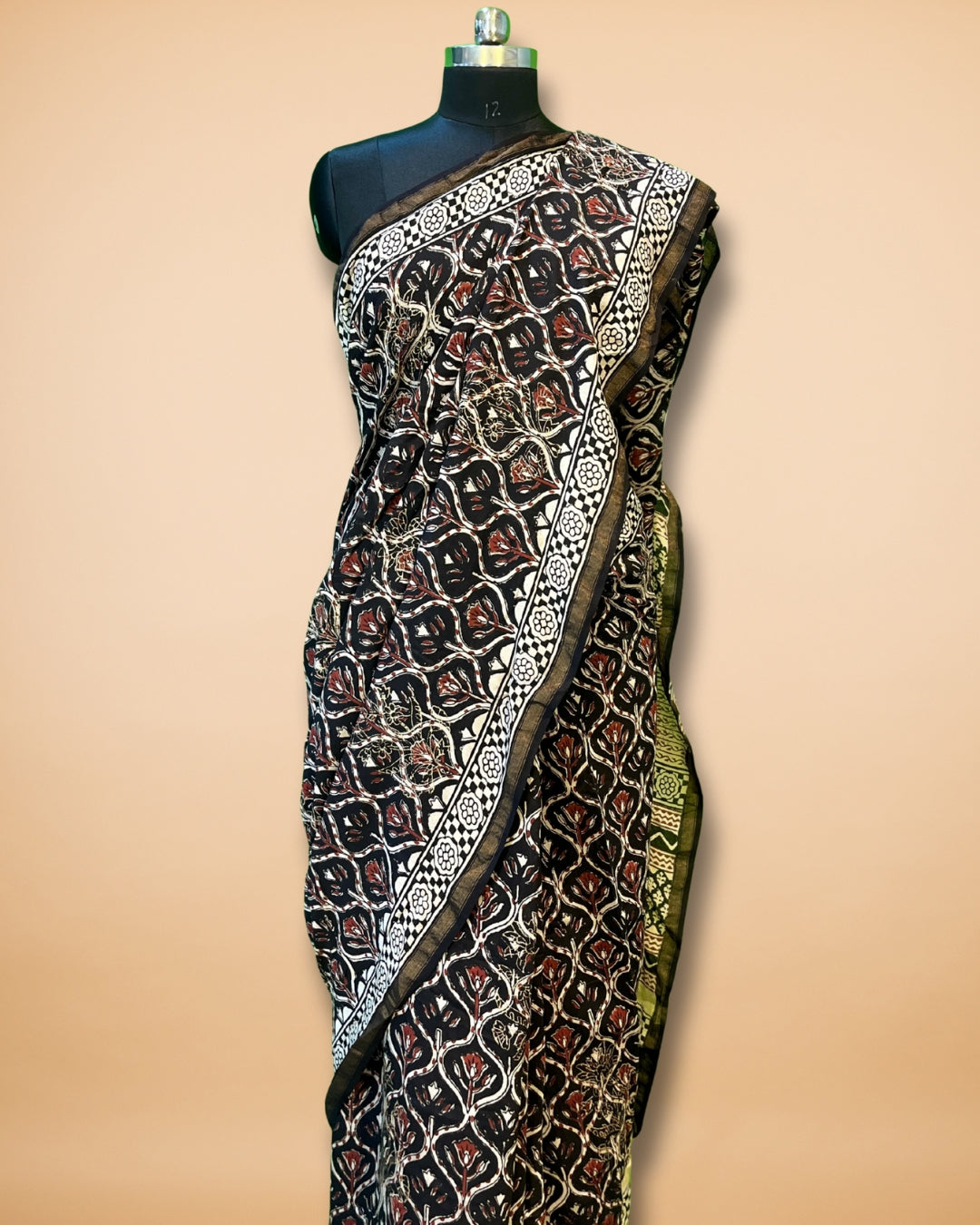 Black Muslin Saree with Handblock Print & Zari Border