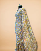 Grey-Yellow Chanderi Saree with Floral Print & Zari Border