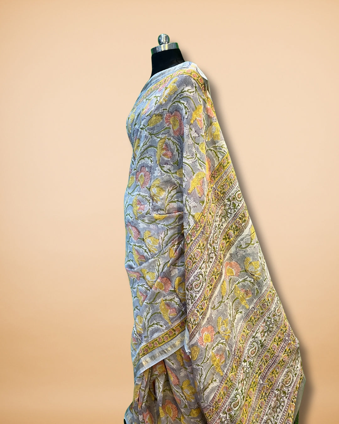 Grey-Yellow Chanderi Saree with Floral Print & Zari Border