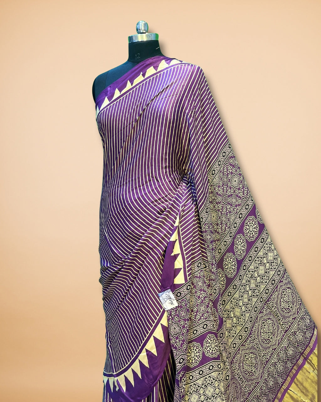 Purple Modal Silk Saree with Ajrak Pallu & Lagdi Patta