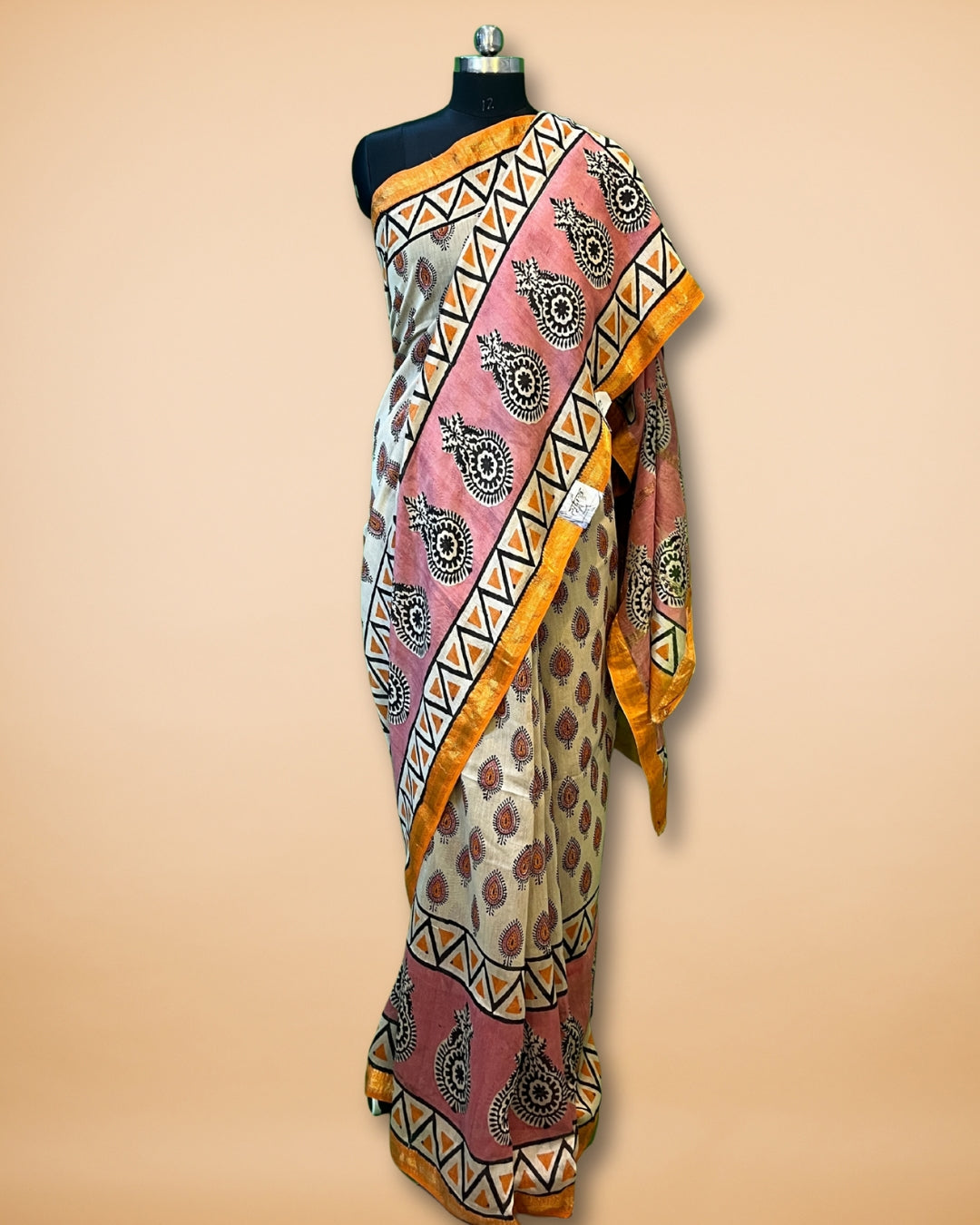 Cream Chanderi Silk Saree with Handblock Print