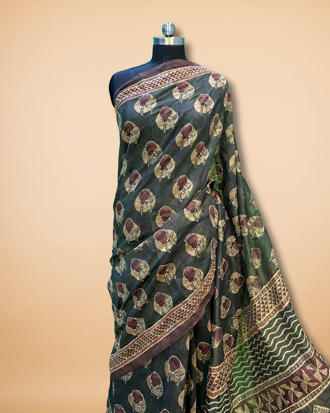 Forest Green Cotton Saree with Katha Work