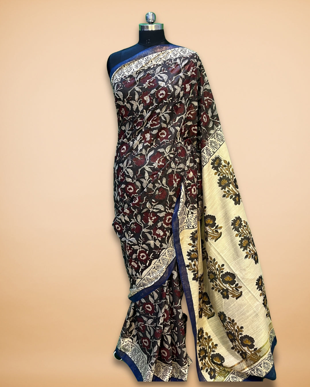 Cream Cotton Saree with Handblock Kalamkari Print