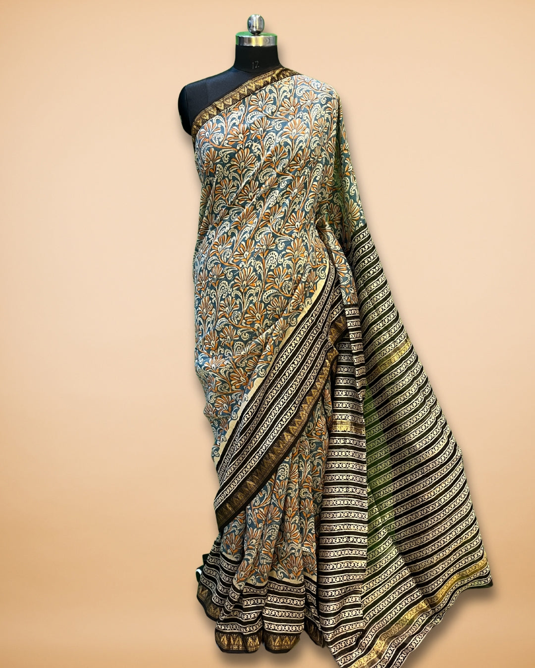 Teal Blue Chanderi Silk Saree with Kalamkari Print & Zari Border