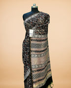 Black Muslin Saree with Handblock Print & Zari Border