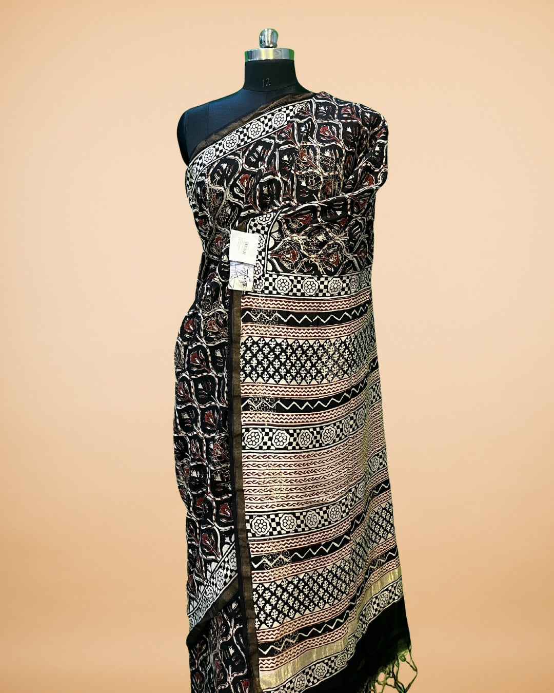 Black Muslin Saree with Handblock Print & Zari Border