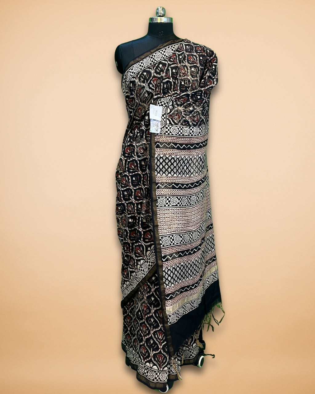 Black Muslin Saree with Handblock Print & Zari Border
