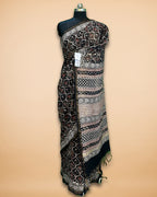 Black Muslin Saree with Handblock Print & Zari Border