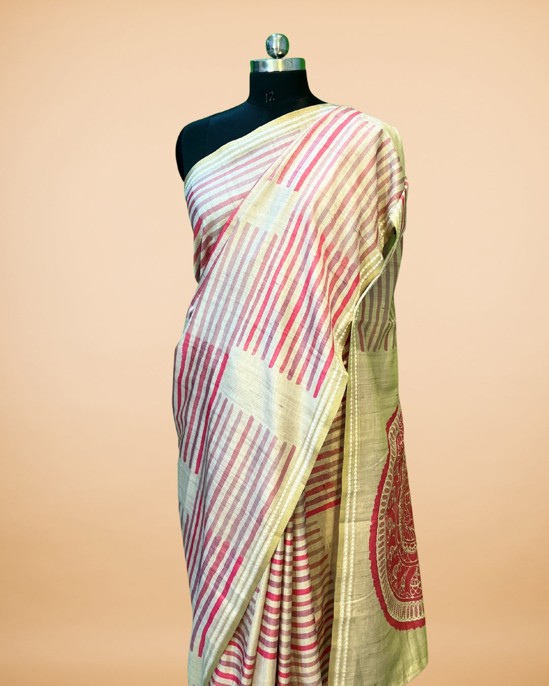 Pink Stripes Cotton-Silk Saree with Peacock Print Pallu
