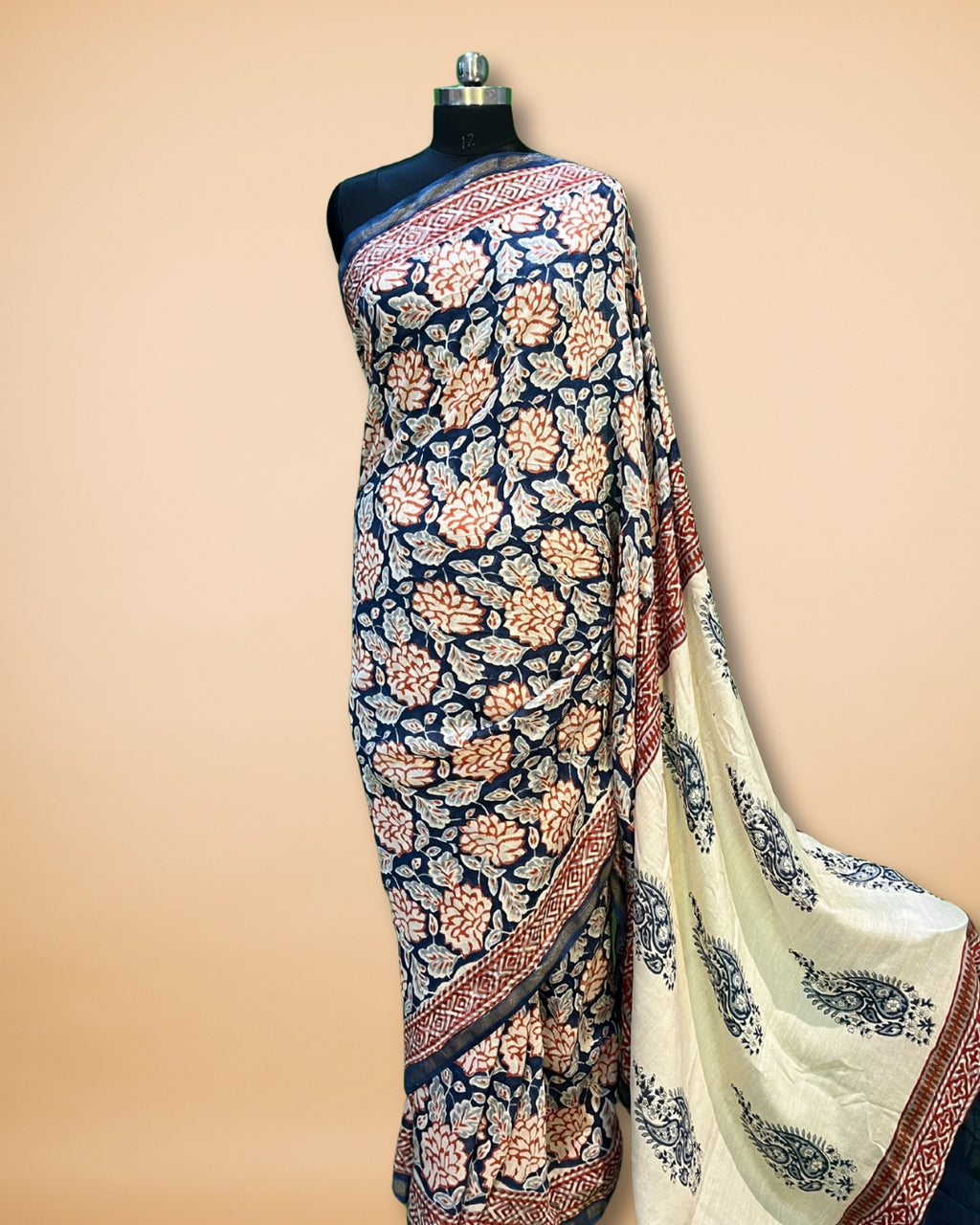 Blue-White Muslin Saree with Floral Print & Zari Border