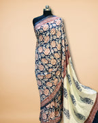Blue-White Muslin Saree with Floral Print & Zari Border