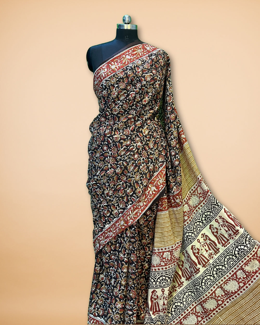 Black Cotton Saree with Handblock Kalamkari Print