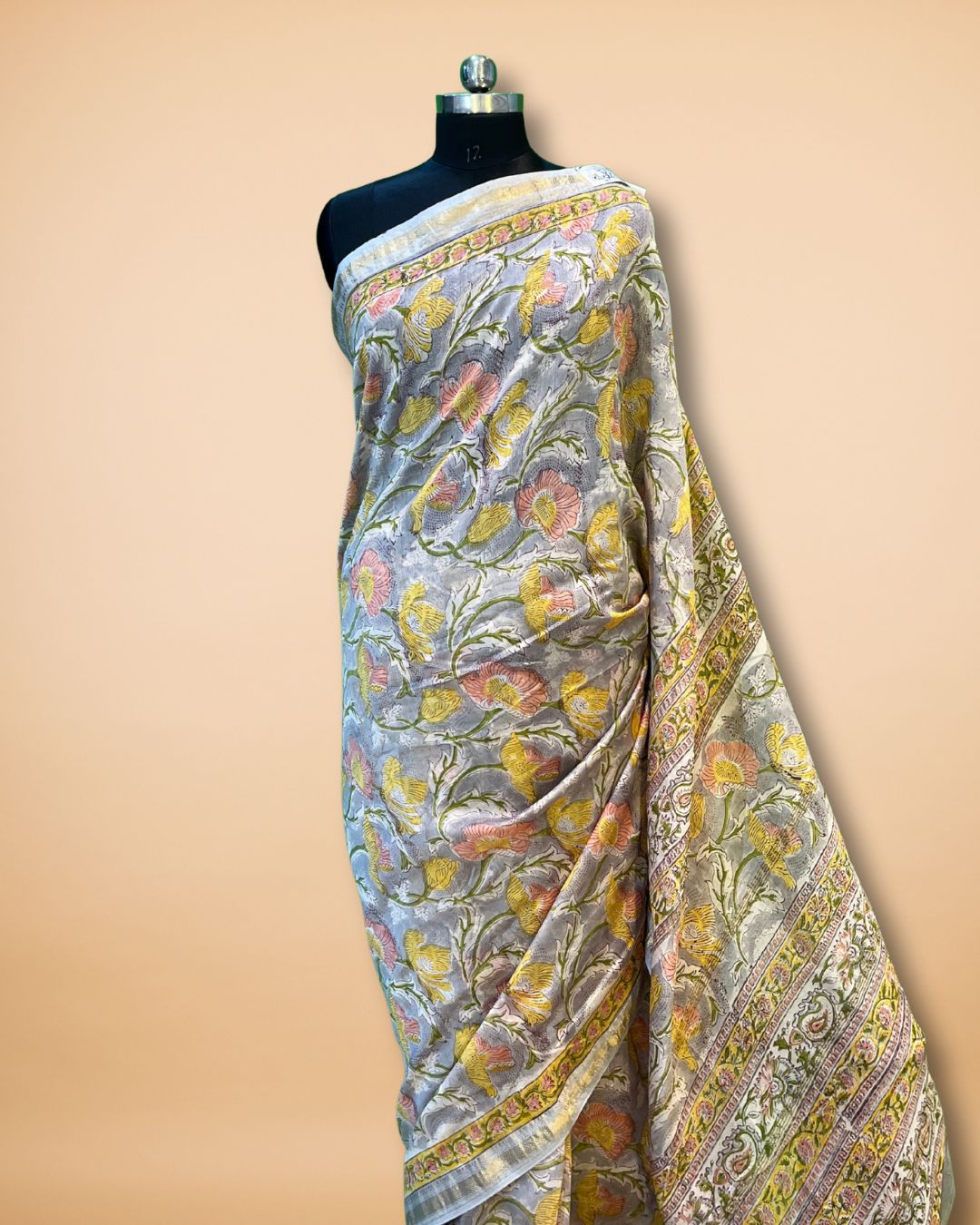 Grey-Yellow Chanderi Saree with Floral Print & Zari Border