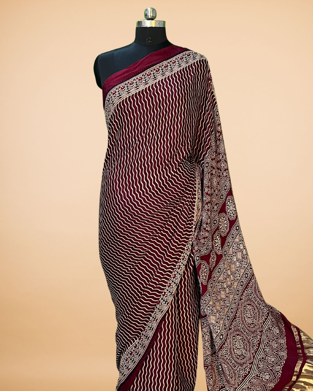 Maroon Modal Silk Saree with Ajrak Pallu & Lagdi Patta