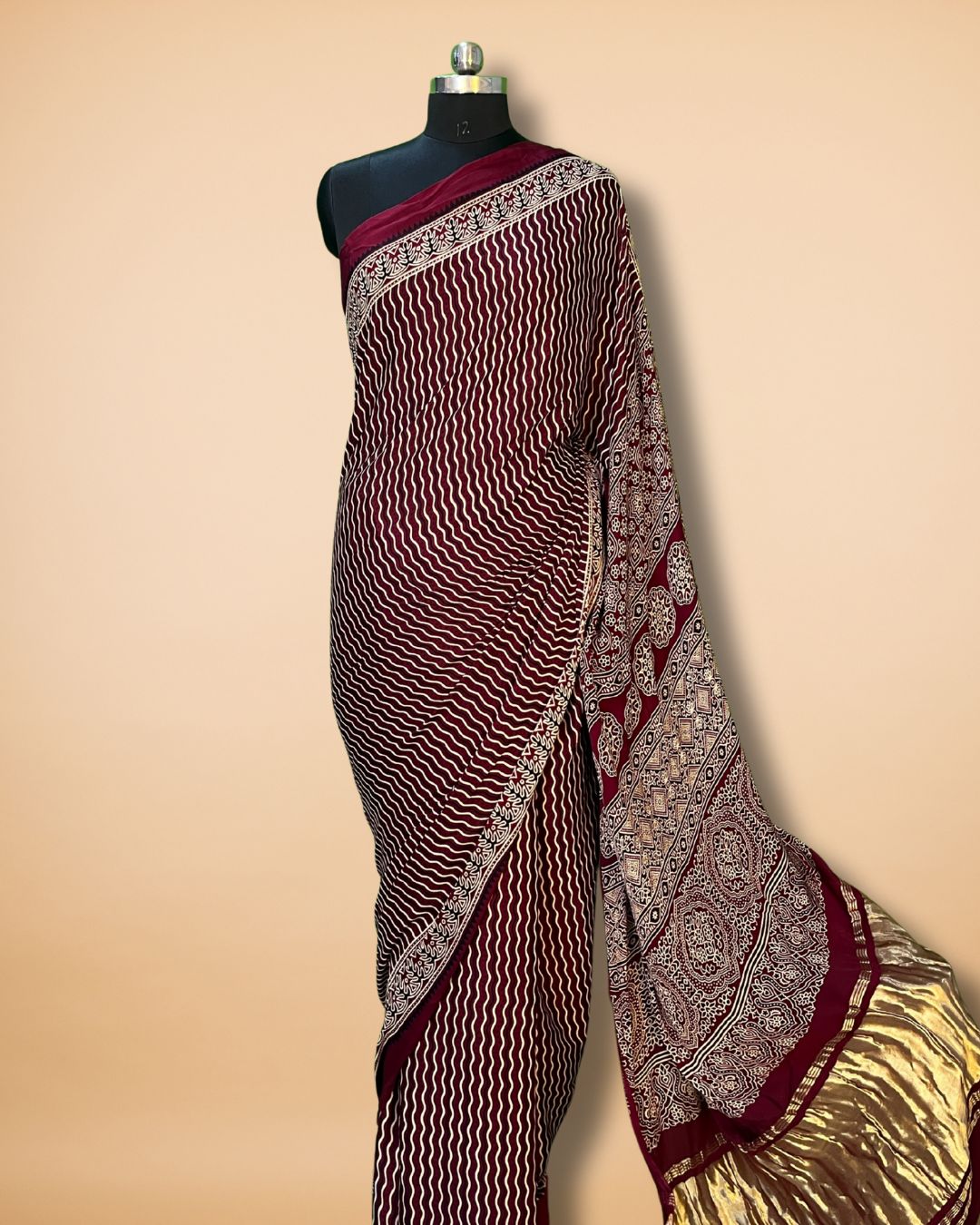 Maroon Modal Silk Saree with Ajrak Pallu & Lagdi Patta