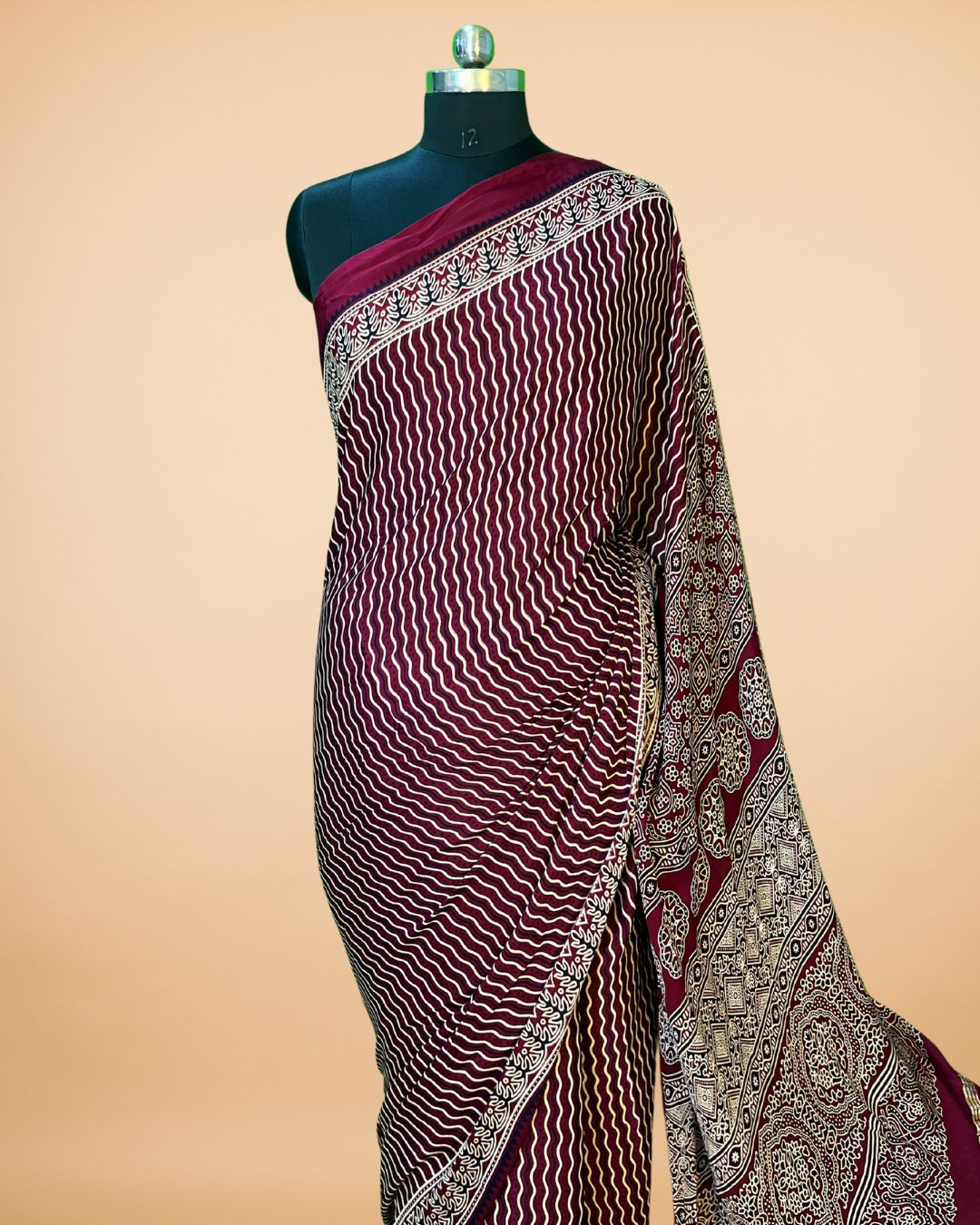 Maroon Modal Silk Saree with Ajrak Pallu & Lagdi Patta