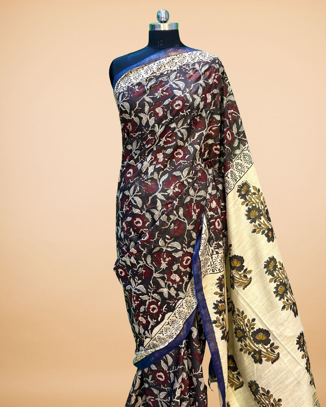 Cream Cotton Saree with Handblock Kalamkari Print