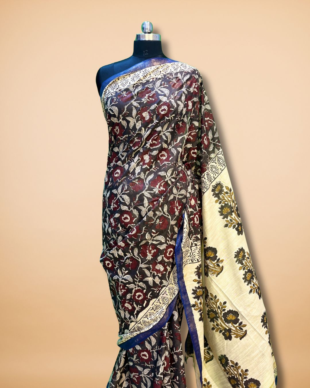 Cream Cotton Saree with Handblock Kalamkari Print
