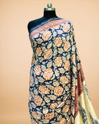 Blue-White Muslin Saree with Floral Print & Zari Border