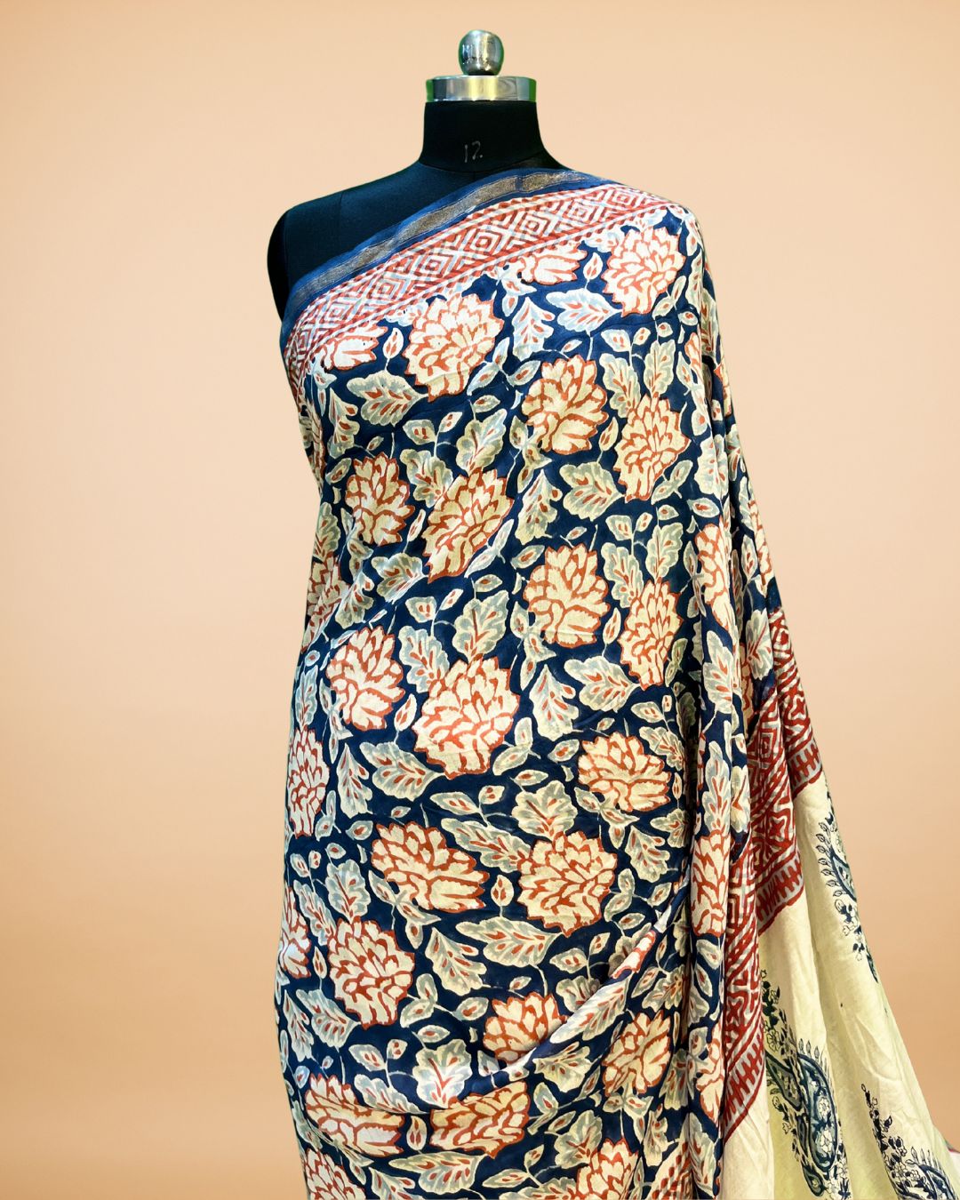 Blue-White Muslin Saree with Floral Print & Zari Border