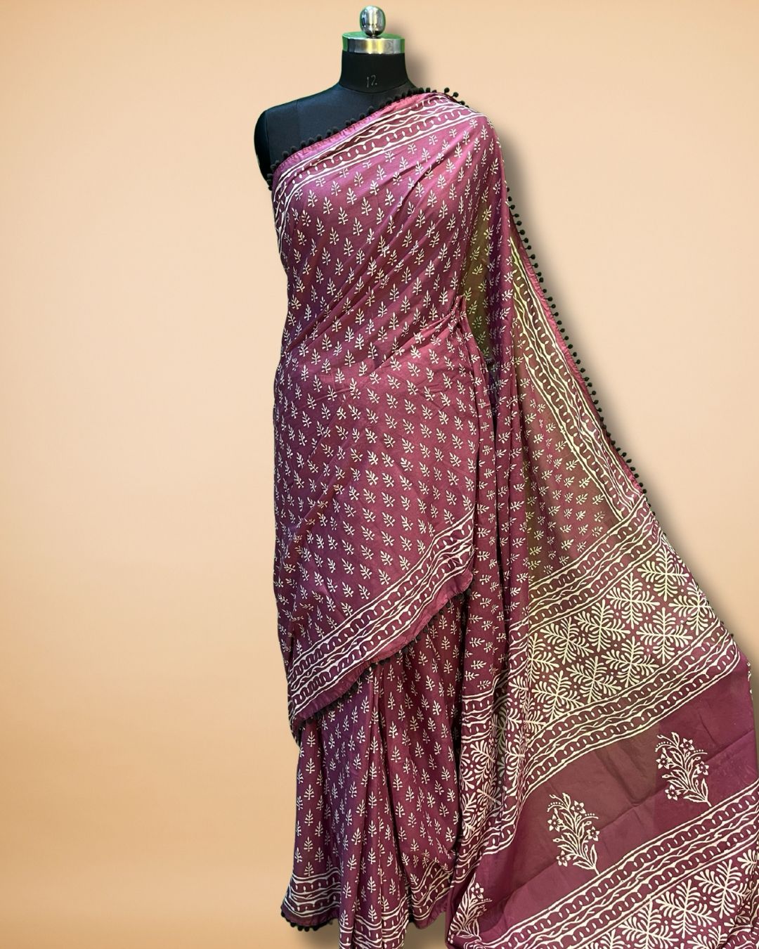 Plum Handblock Mul Mul Cotton Saree