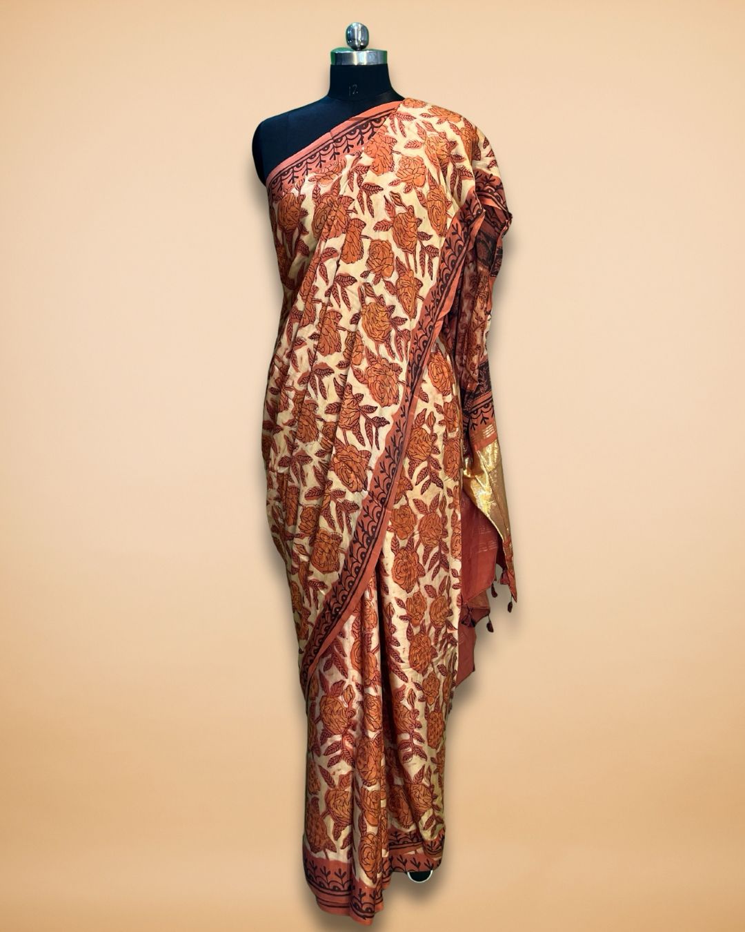 Orange Modal Silk Saree with Handblock Print & Lagdi Patta