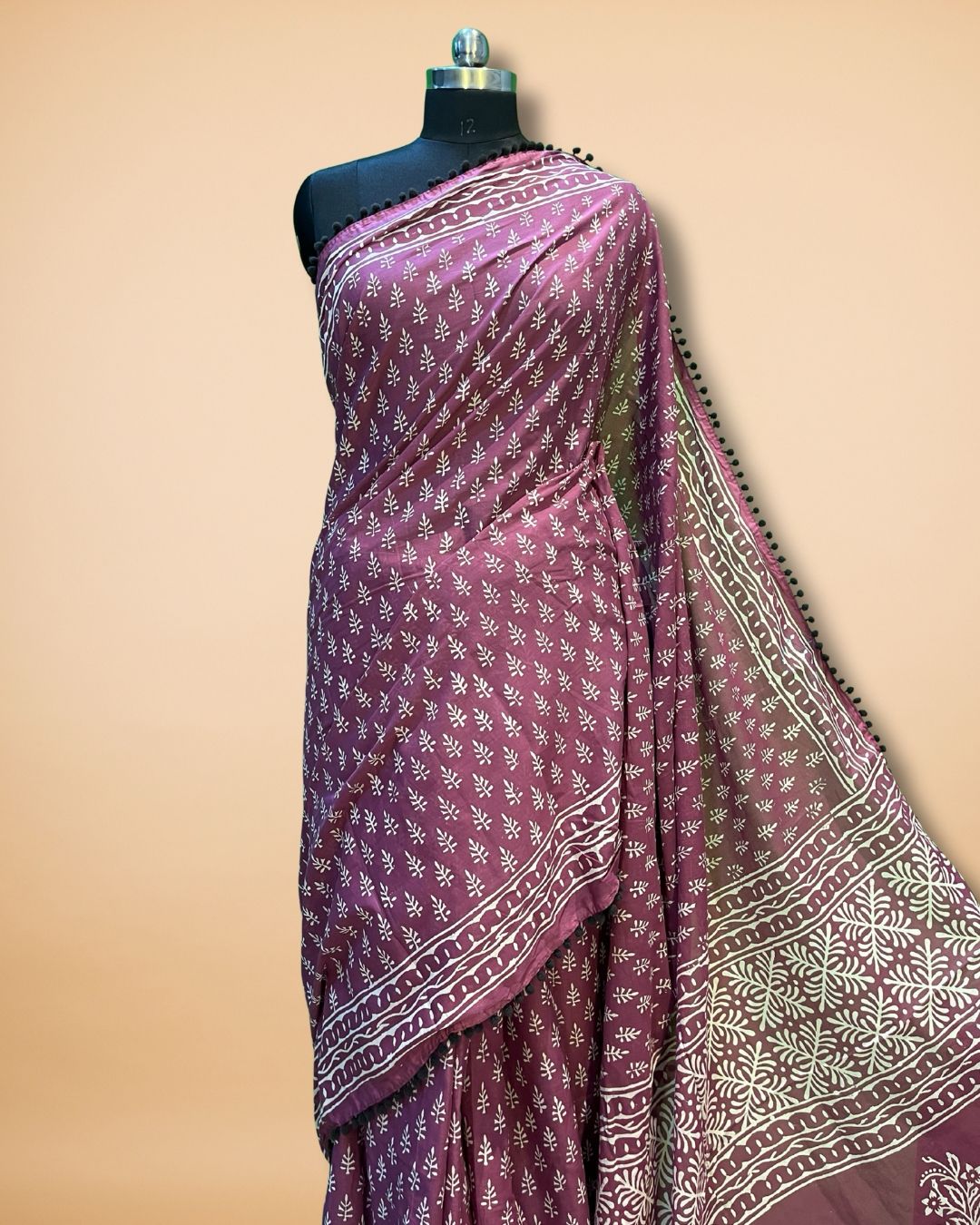 Plum Handblock Mul Mul Cotton Saree