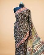 Teal Blue Chanderi Silk Saree with Kalamkari Print & Zari Border