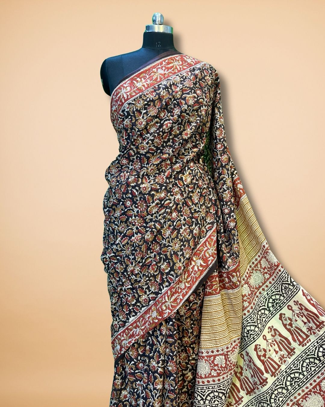 Teal Blue Chanderi Silk Saree with Kalamkari Print & Zari Border